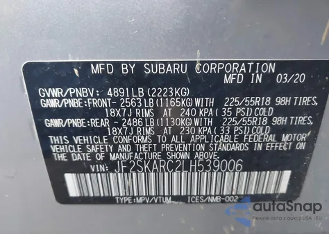 2020 Subaru Forester Sport z USA, uszkodzony, nr VIN JF2SKARC2LH539006